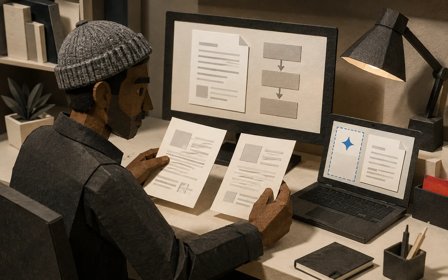 Paper-craft Fred compares a small AI test on a laptop with an existing workflow and sample documents at his desk.