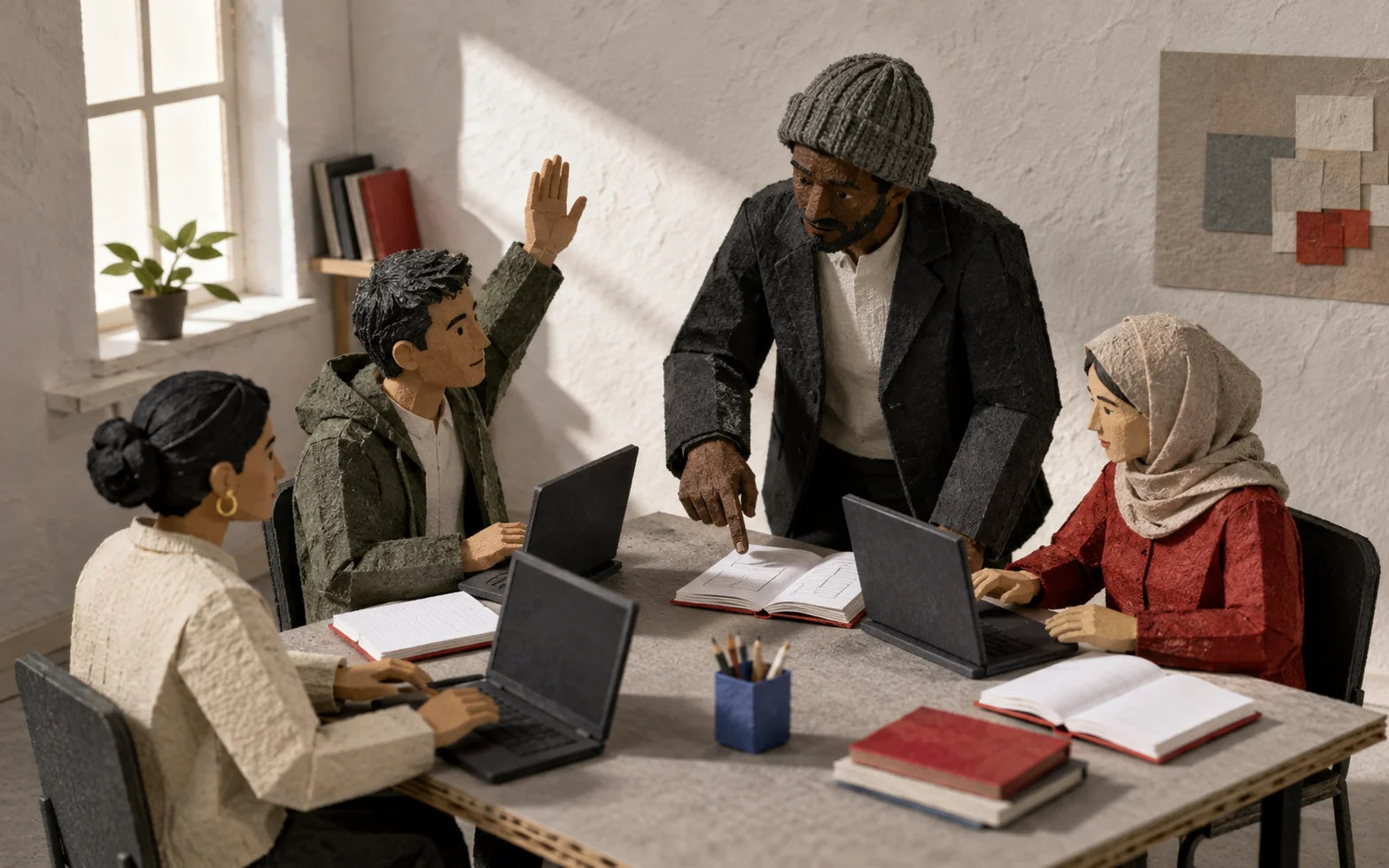 A paper-craft instructor guides three adult students using laptops and course notebooks around a table.