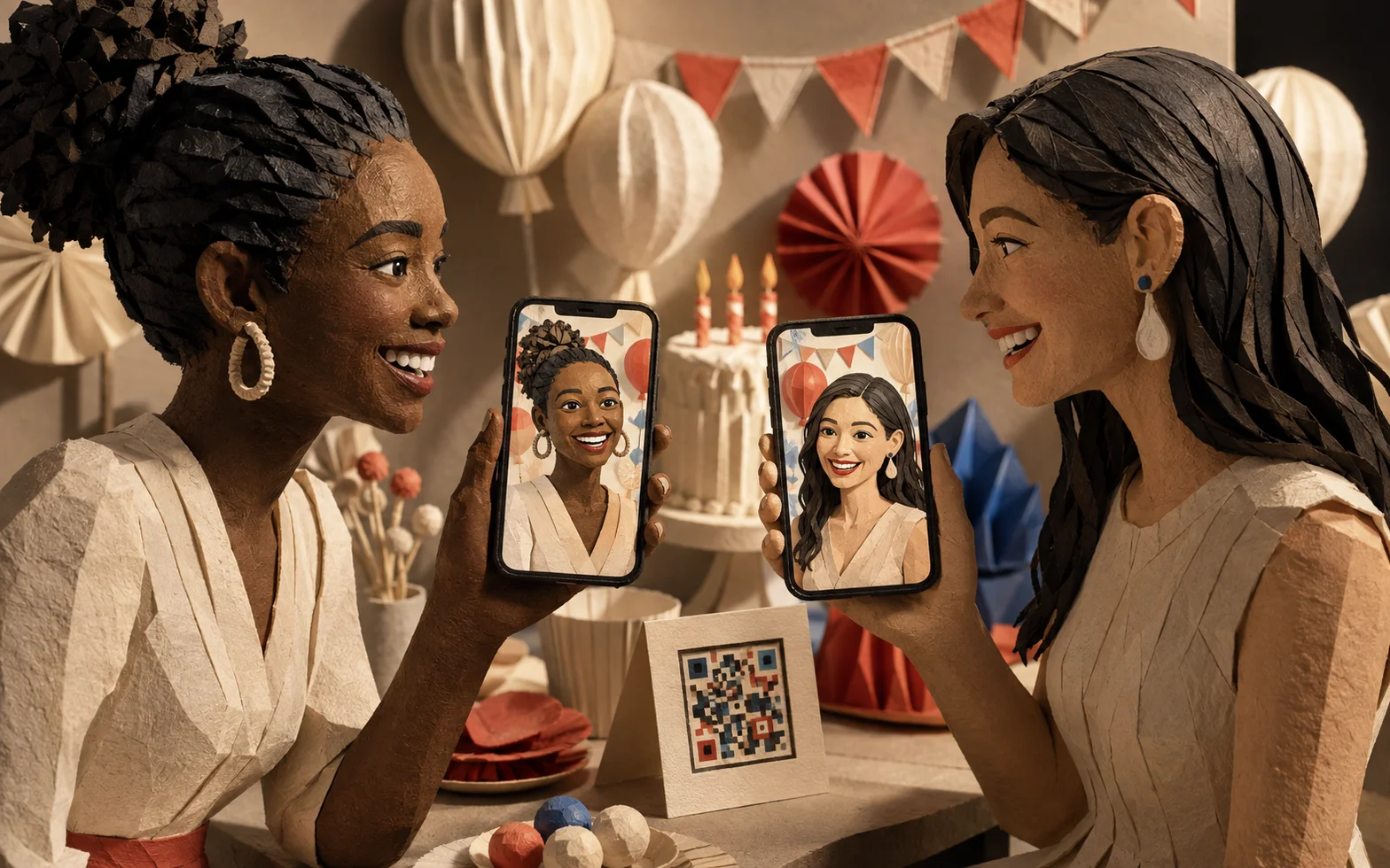 Two paper-craft birthday guests compare their portraits on phones beside a cake, party decorations, and a QR invitation card.