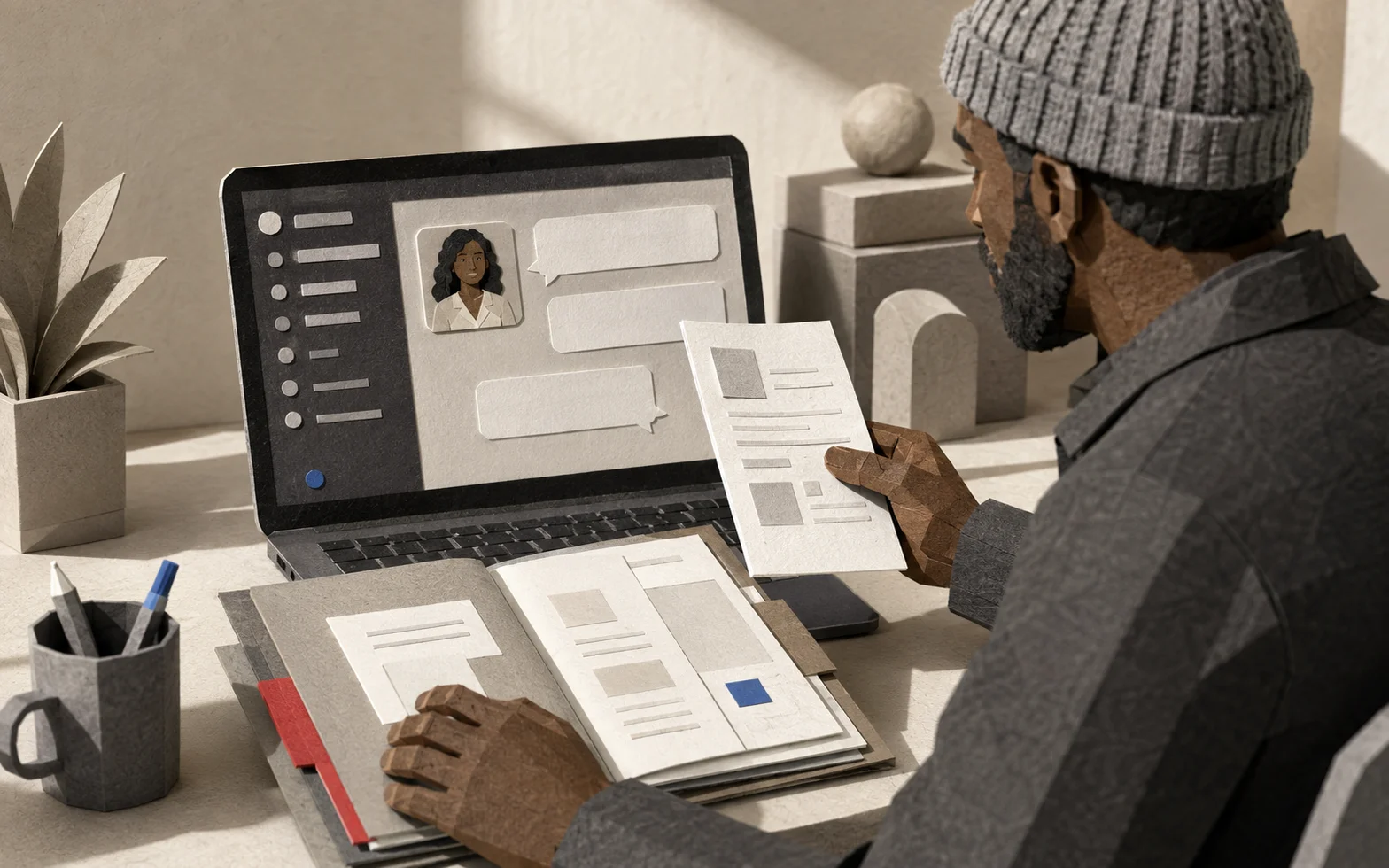 Paper-craft Fred compares project documents with a client conversation on a laptop.