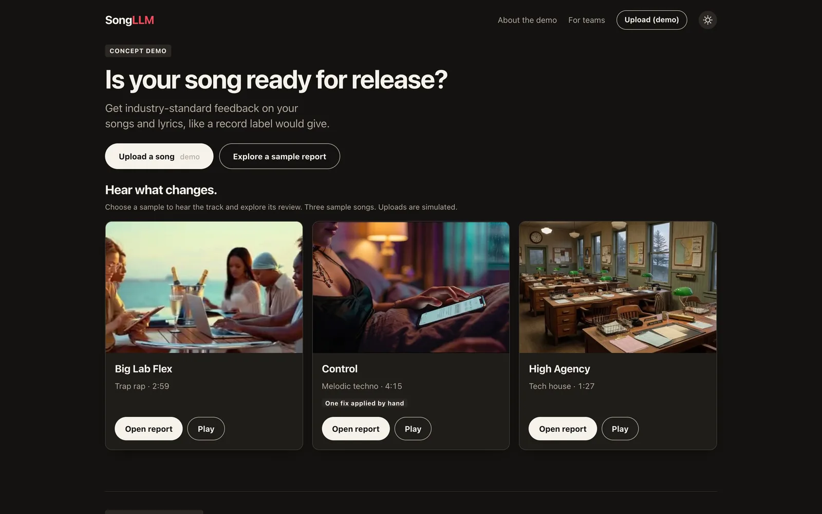 The SongLLM home page on a laptop, asking Is your song ready for release? above three sample tracks.